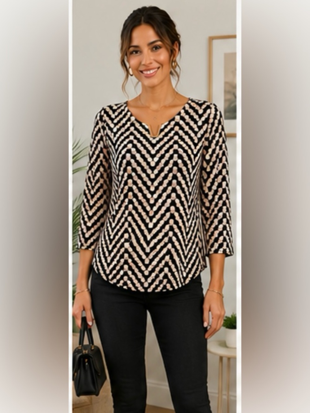 Calvin Klein Dot Chevron Print Top | Gold Hardware Neckline | 3/4 Sleeve